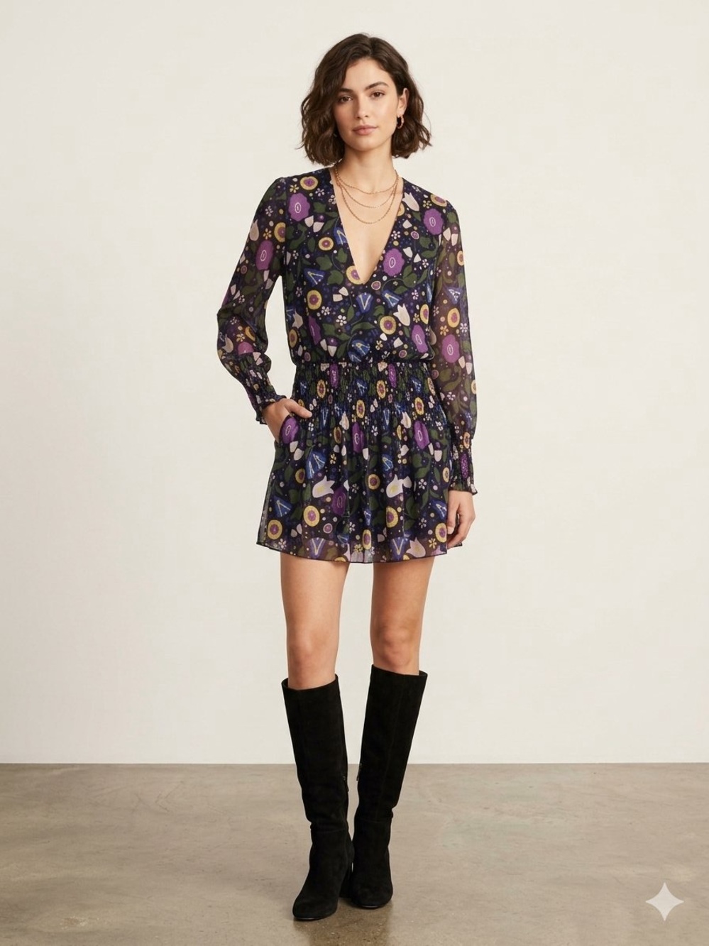 Anna Sui Silk Chiffon "Fairy Dust" Smocked Mini Dress